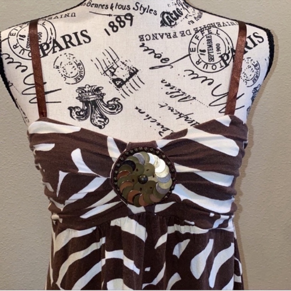 Nine West tropical strappy dress (S) brown/ivory jersey metallic - Picture 2 of 7
